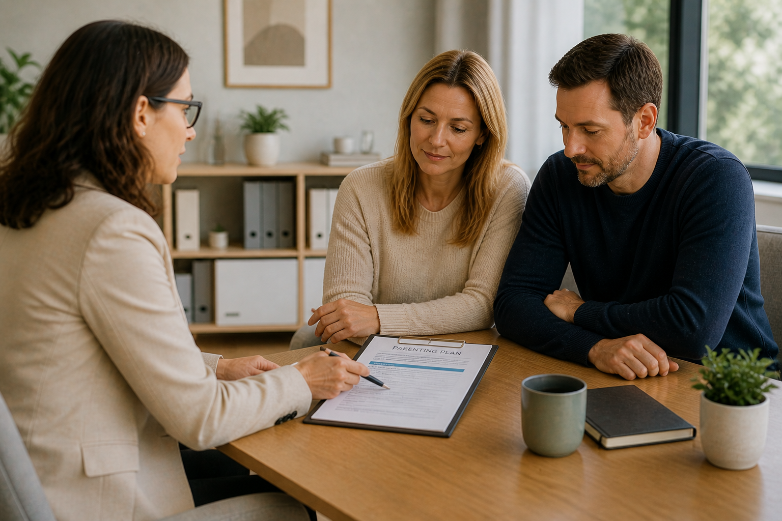 A family sitting together and talking in a calm way, with a mediator supporting the conversation